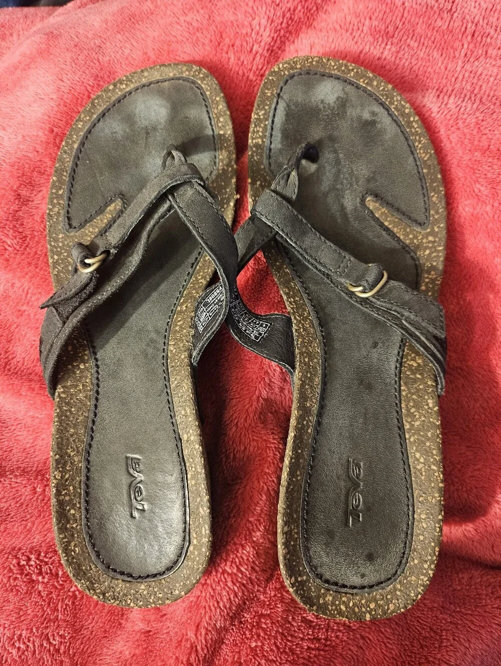 Teva Black Cork-Trim Thong Sandals Ventura Womens Size 6 Wedge Thong